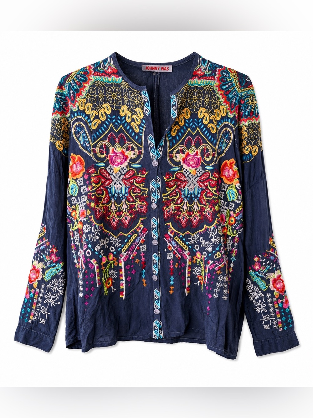 Johnny Was L Navy Cupra Rayon Embroidered Floral Blouse Boho Folk Art Button Up